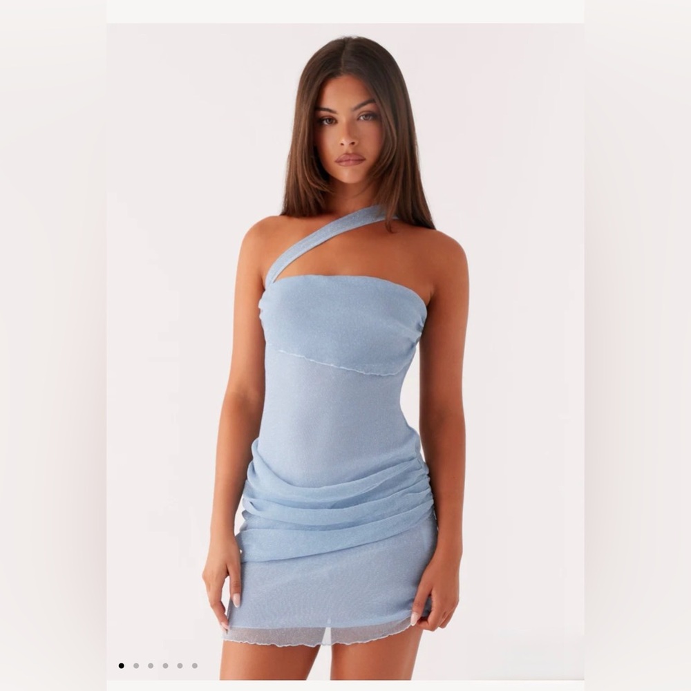 Peppermayo Misty Mesh Mini Dress light Blue One-Shoulder Dress NWT XXS US 0